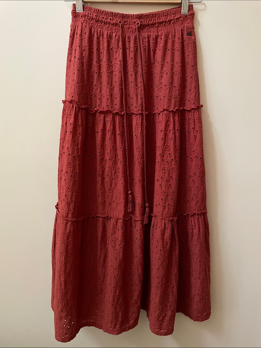 Mexx Cotton Red Boho Tiered Eyelet Maxi Skirt